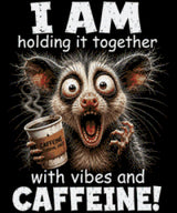 A wide-eyed creature holding coffee labeled 'Caffeine Survival Juice' with humorous text about vibes and caffeine. Size - 50cm x 60cm
