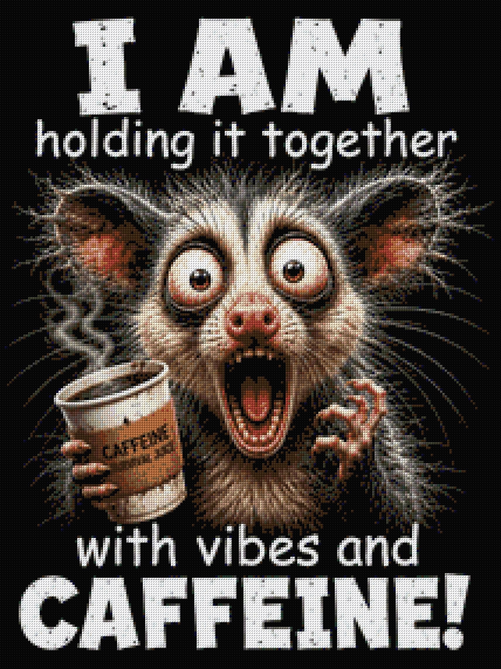 A wide-eyed creature holding coffee labeled 'Caffeine Survival Juice' with humorous text about vibes and caffeine. Size - 60cm x 80cm