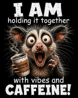 A wide-eyed creature holding coffee labeled 'Caffeine Survival Juice' with humorous text about vibes and caffeine. Size - 80cm x 100cm
