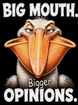 Comical pelican with a large beak and text: Big Mouth. Bigger Opinions. Size - 30cm x 40cm
