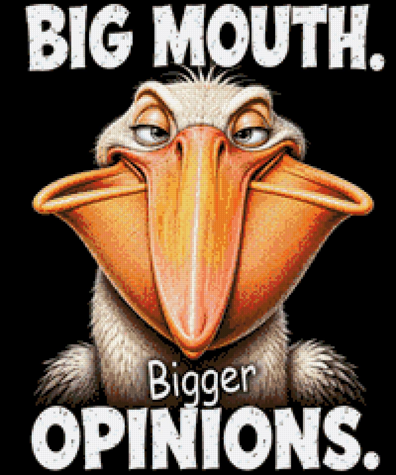 Comical pelican with a large beak and text: Big Mouth. Bigger Opinions. Size - 50cm x 60cm