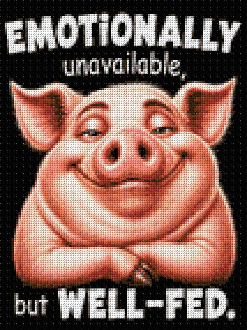 A content pig with text 'Emotionally unavailable, but well-fed.' Size - 30cm x 40cm