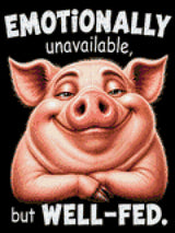 A content pig with text 'Emotionally unavailable, but well-fed.' Size - 30cm x 40cm