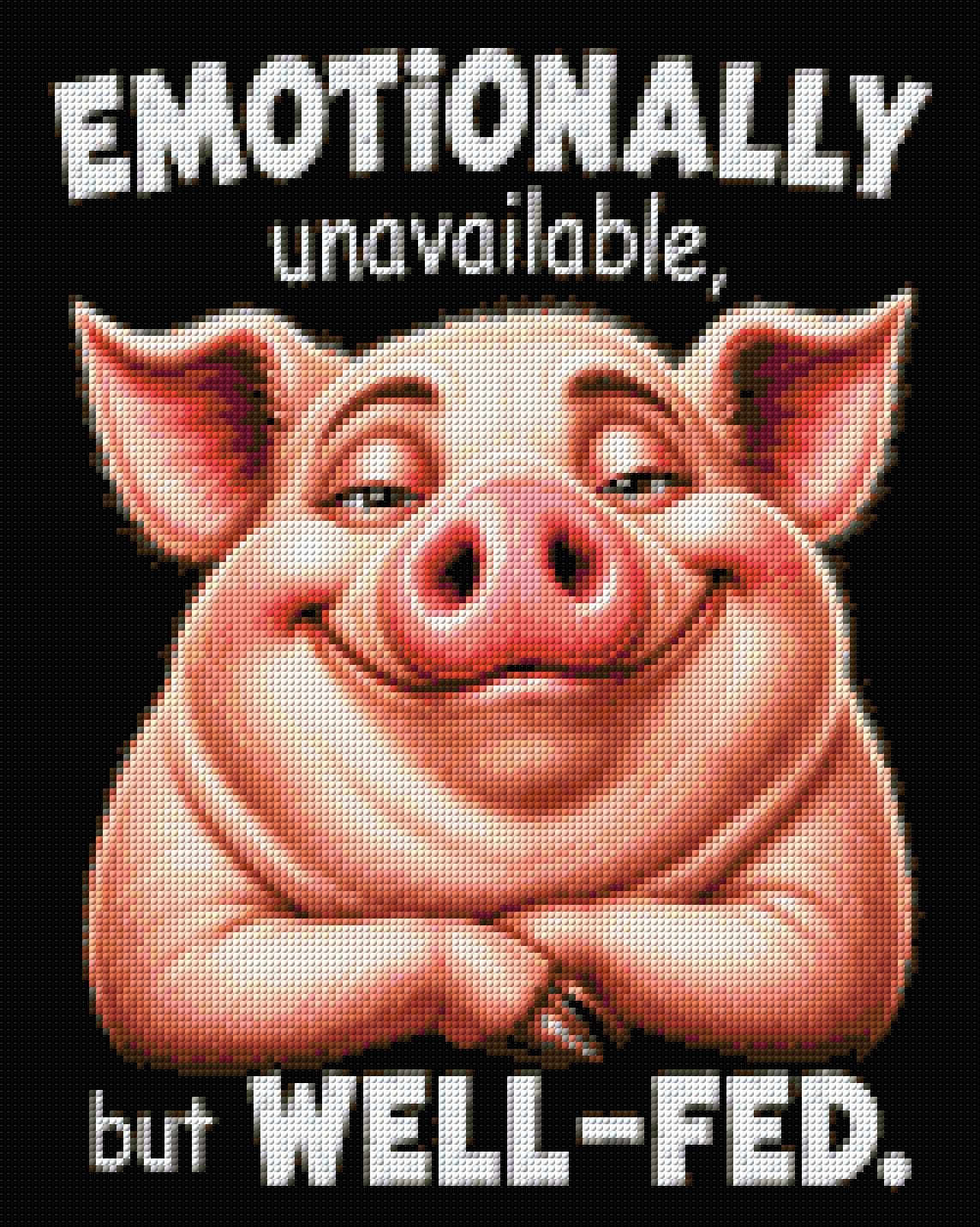 A content pig with text 'Emotionally unavailable, but well-fed.' Size - 40cm x 50cm