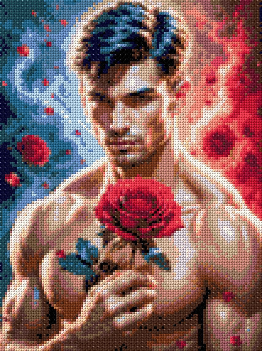 Man holding a red rose with swirling blue and red elements around him. Size - 30cm x 40cm