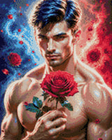Man holding a red rose with swirling blue and red elements around him. Size - 40cm x 50cm