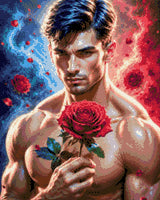 Man holding a red rose with swirling blue and red elements around him. Size - 40cm x 50cm