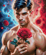 Man holding a red rose with swirling blue and red elements around him. Size - 50cm x 60cm