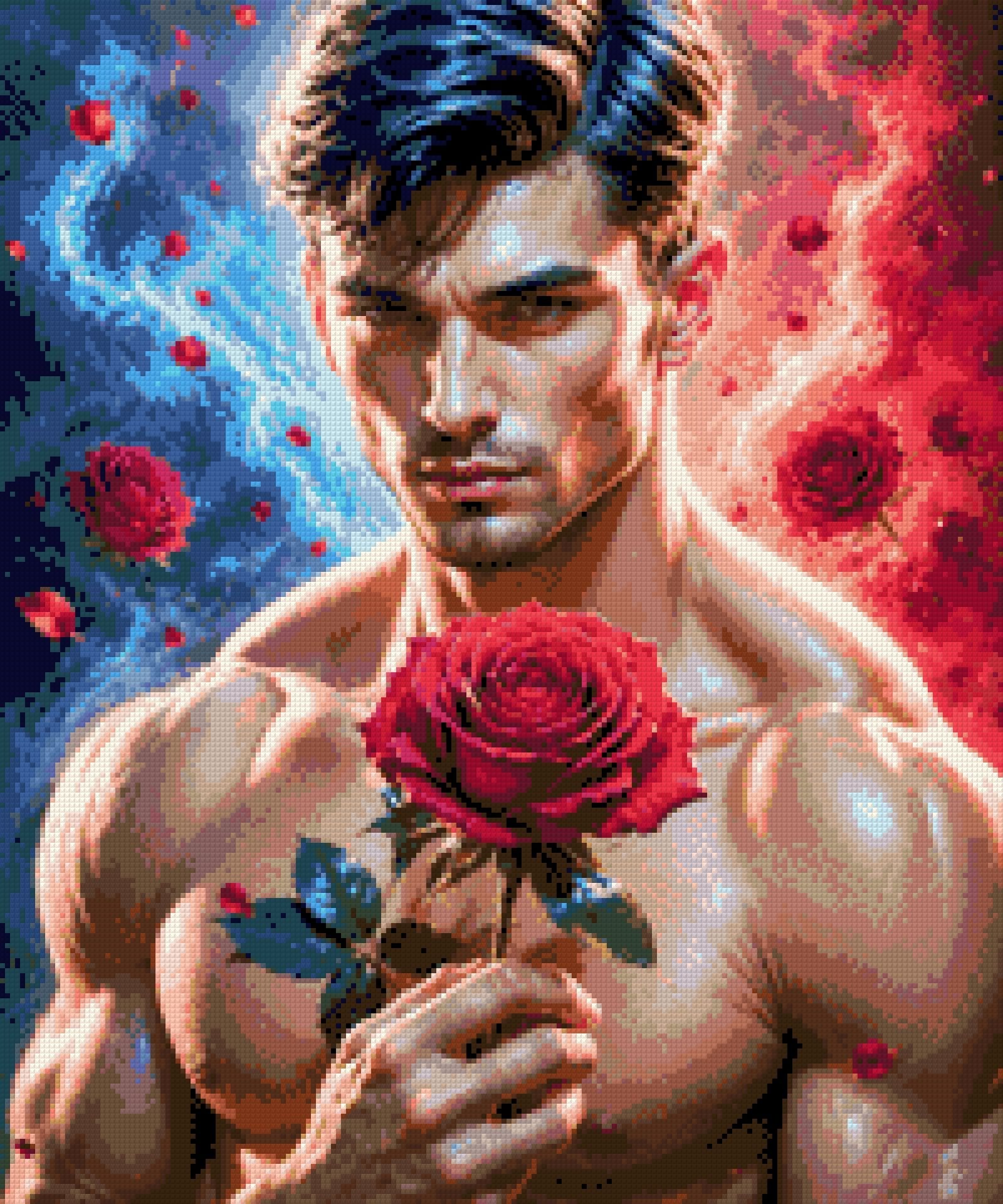 Man holding a red rose with swirling blue and red elements around him. Size - 50cm x 60cm