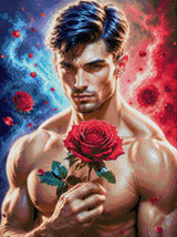 Man holding a red rose with swirling blue and red elements around him. Size - 60cm x 80cm