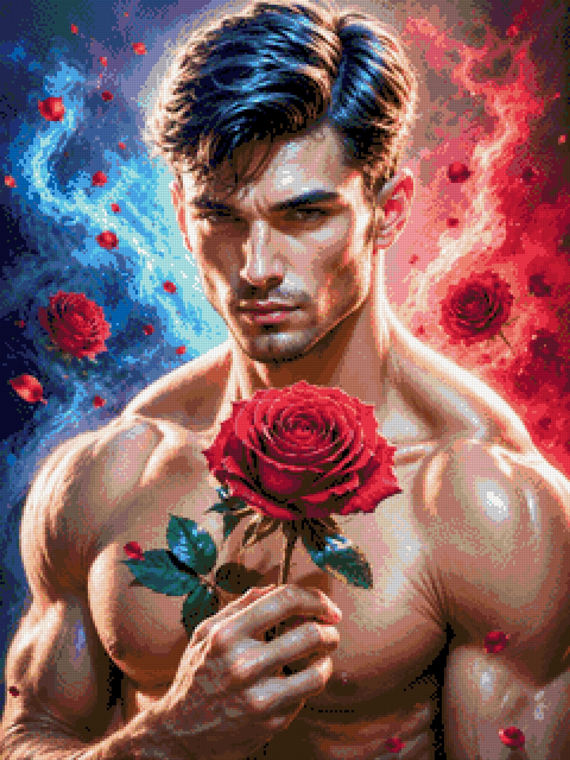 Man holding a red rose with swirling blue and red elements around him. Size - 60cm x 80cm