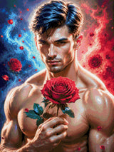Man holding a red rose with swirling blue and red elements around him. Size - 60cm x 80cm