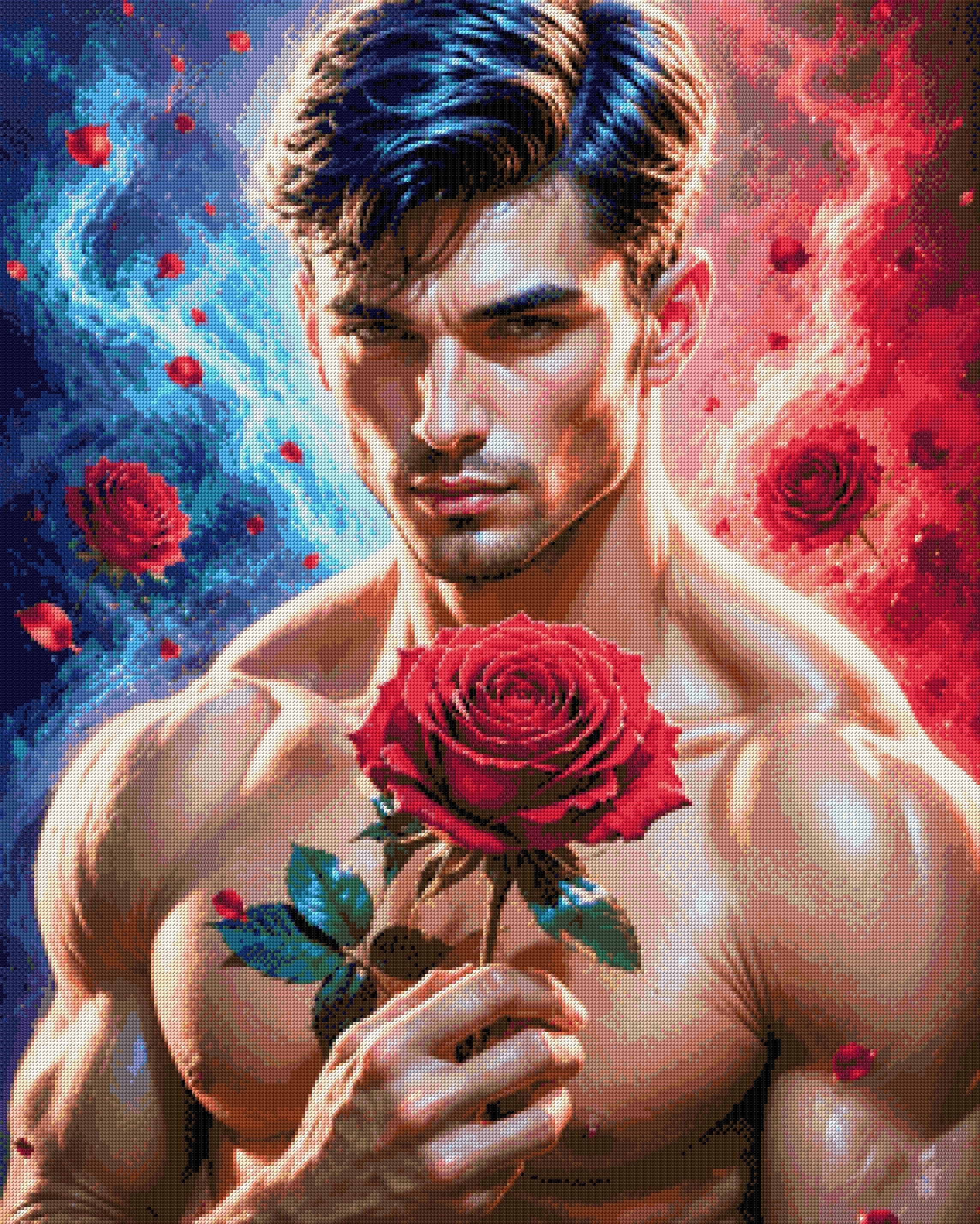 Man holding a red rose with swirling blue and red elements around him. Size - 80cm x 100cm