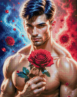 Man holding a red rose with swirling blue and red elements around him. Size - 80cm x 100cm