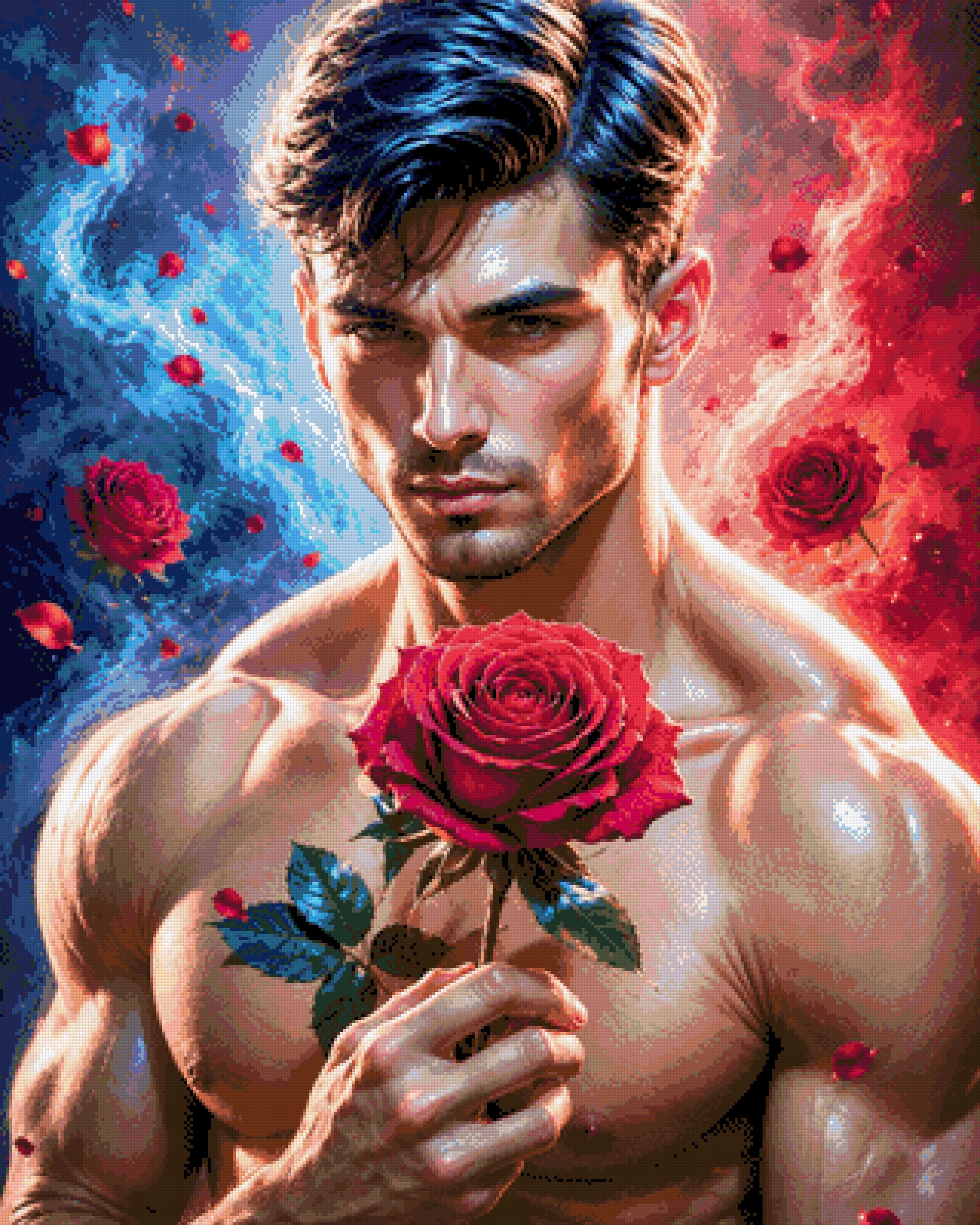 Man holding a red rose with swirling blue and red elements around him. Size - 80cm x 100cm