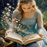 Woman in teal dress reads a book with flowers and lights swirling out. Size - 100cm x 100cm