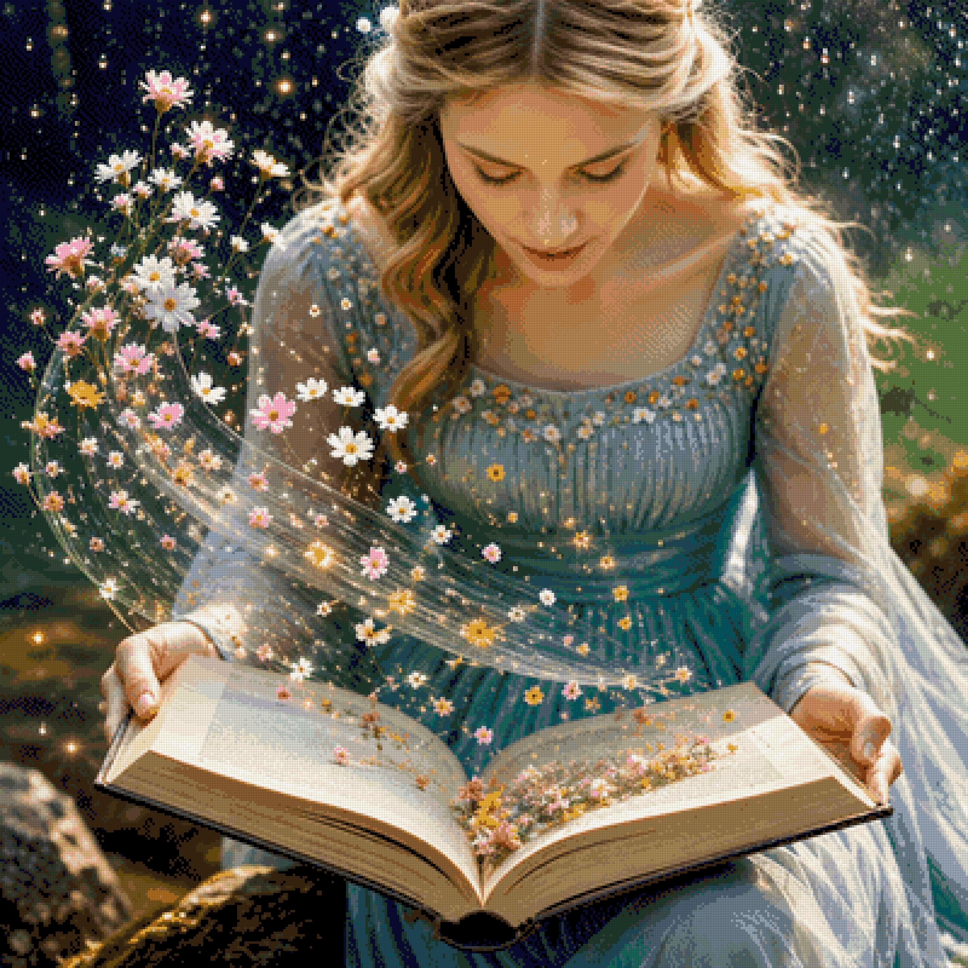 Woman in teal dress reads a book with flowers and lights swirling out. Size - 100cm x 100cm