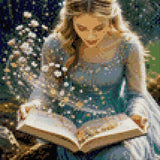 Woman in teal dress reads a book with flowers and lights swirling out. Size - 30cm x 30cm