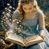 Woman in teal dress reads a book with flowers and lights swirling out. Size - 30cm x 30cm
