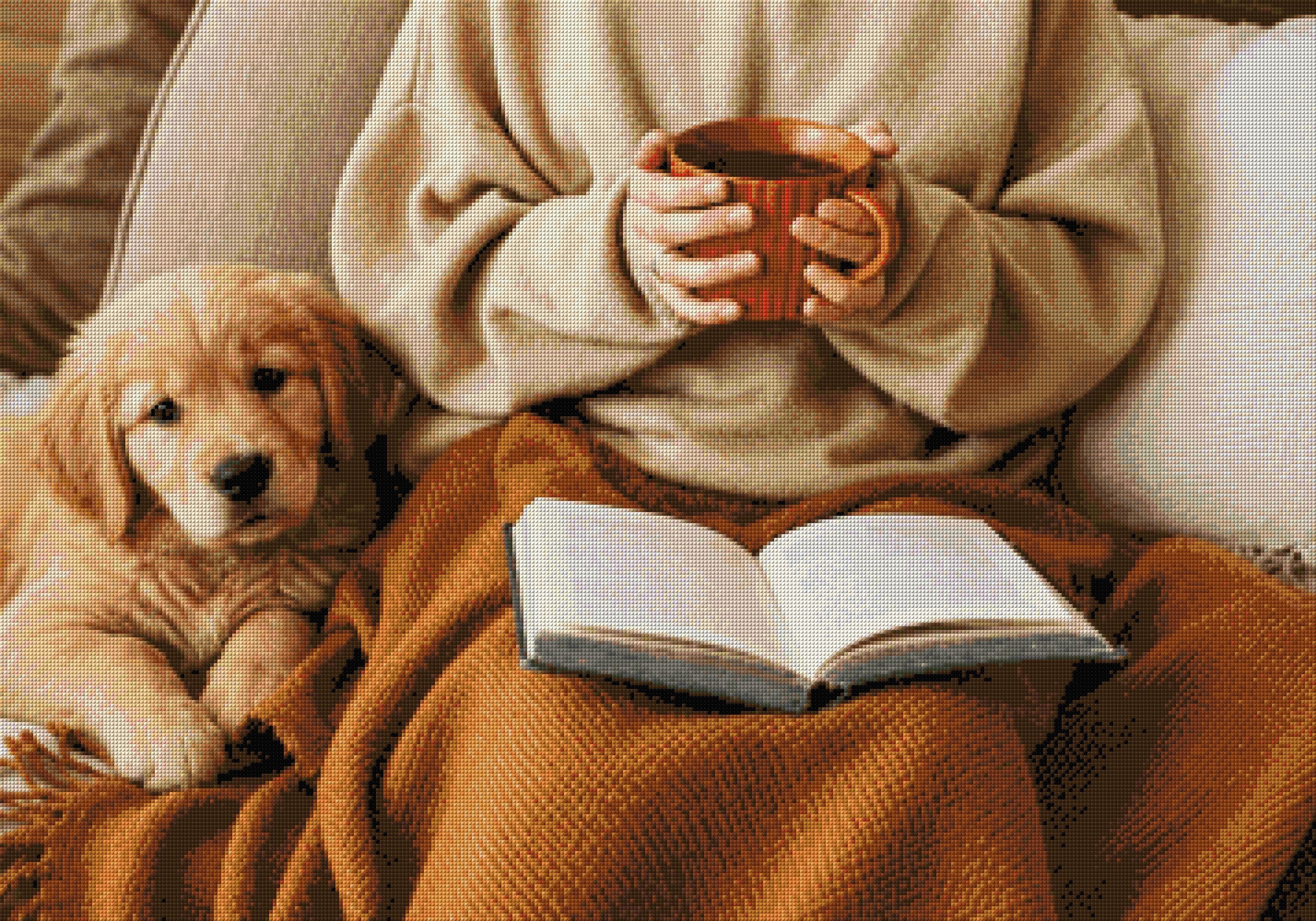 Person holding a mug with a puppy and an open book on a blanket. Size - 100cm x 70cm