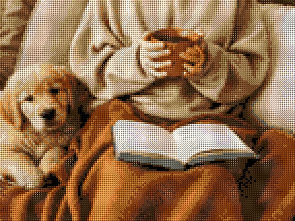 Person holding a mug with a puppy and an open book on a blanket. Size - 40cm x 30cm
