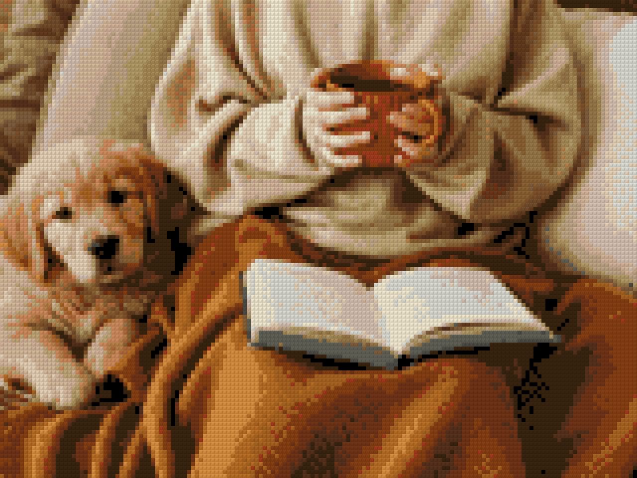 Person holding a mug with a puppy and an open book on a blanket. Size - 40cm x 30cm