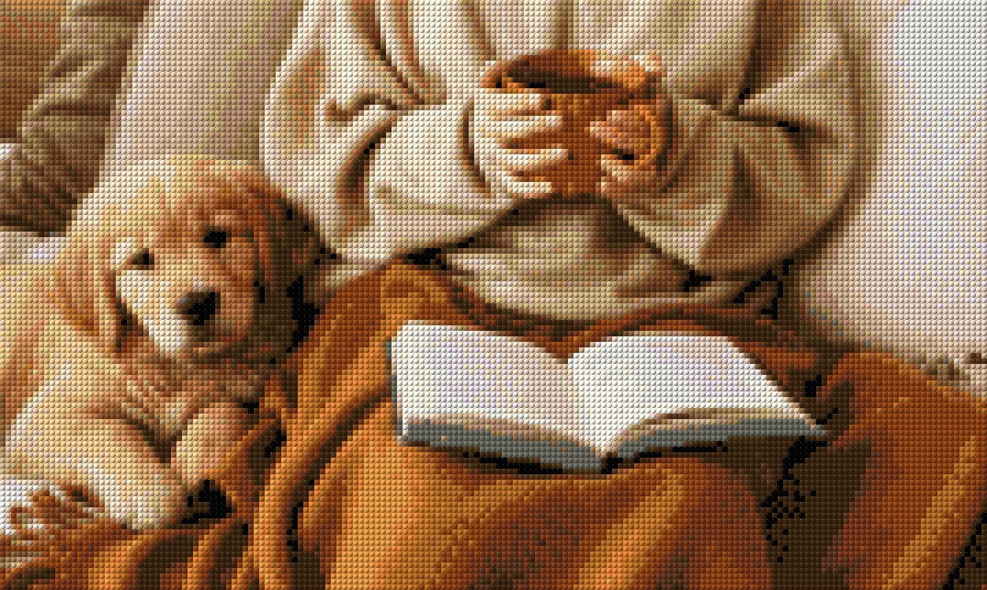 Person holding a mug with a puppy and an open book on a blanket. Size - 50cm x 30cm