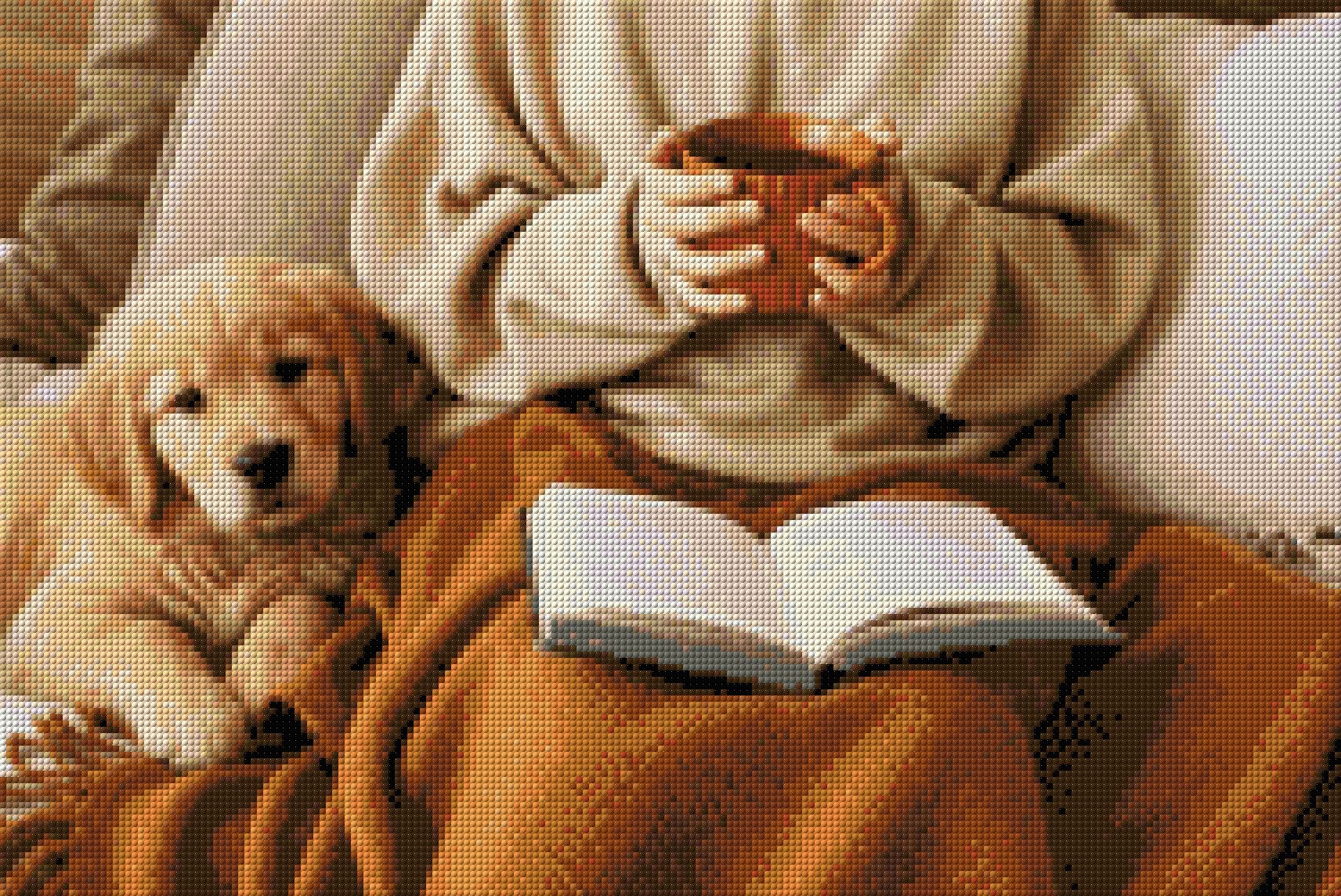 Person holding a mug with a puppy and an open book on a blanket. Size - 60cm x 40cm