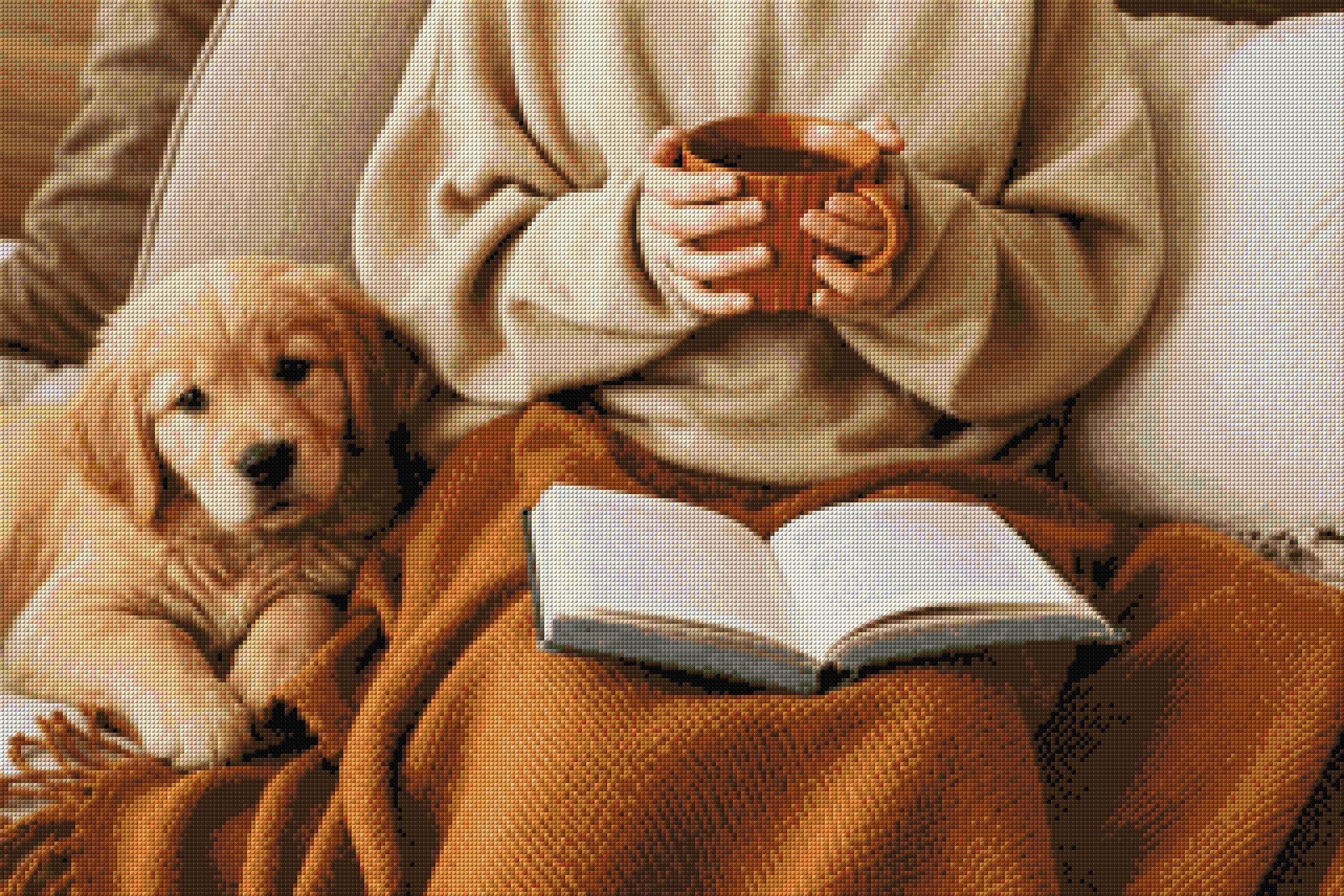 Person holding a mug with a puppy and an open book on a blanket. Size - 90cm x 60cm