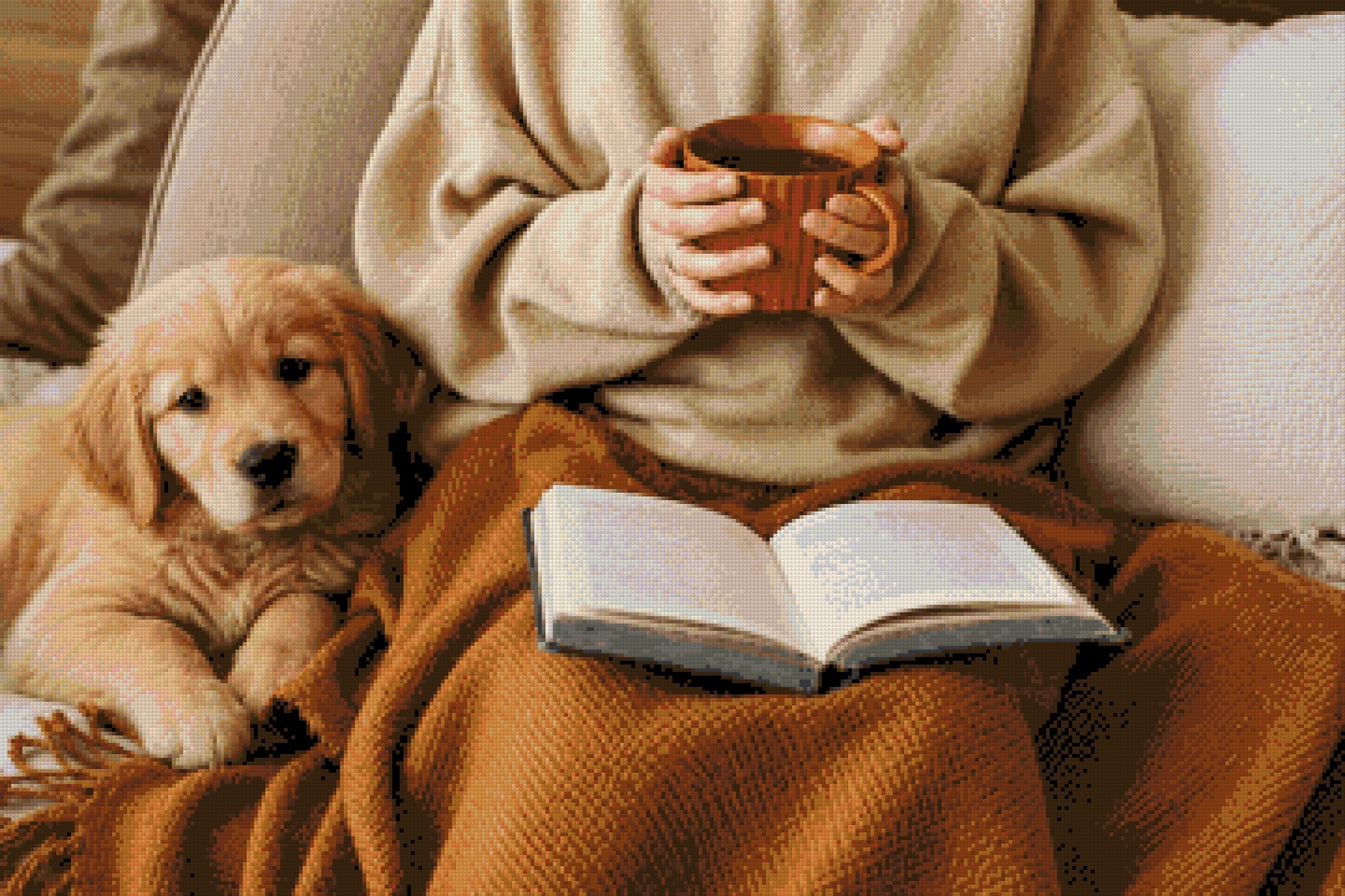 Person holding a mug with a puppy and an open book on a blanket. Size - 90cm x 60cm