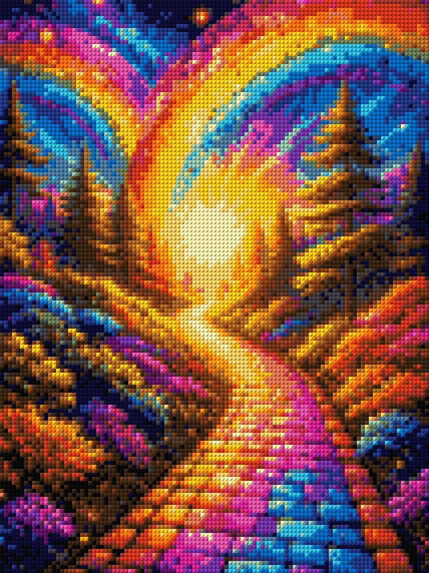 A colourful path under mosaic rainbows, surrounded by vibrant flowers and trees at sunset. Size - 30cm x 40cm