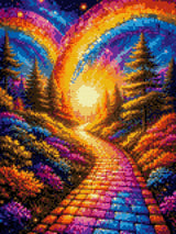 A colourful path under mosaic rainbows, surrounded by vibrant flowers and trees at sunset. Size - 30cm x 40cm