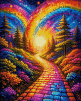 A colourful path under mosaic rainbows, surrounded by vibrant flowers and trees at sunset. Size - 40cm x 50cm