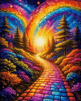 A colourful path under mosaic rainbows, surrounded by vibrant flowers and trees at sunset. Size - 40cm x 50cm