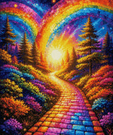 A colourful path under mosaic rainbows, surrounded by vibrant flowers and trees at sunset. Size - 50cm x 60cm