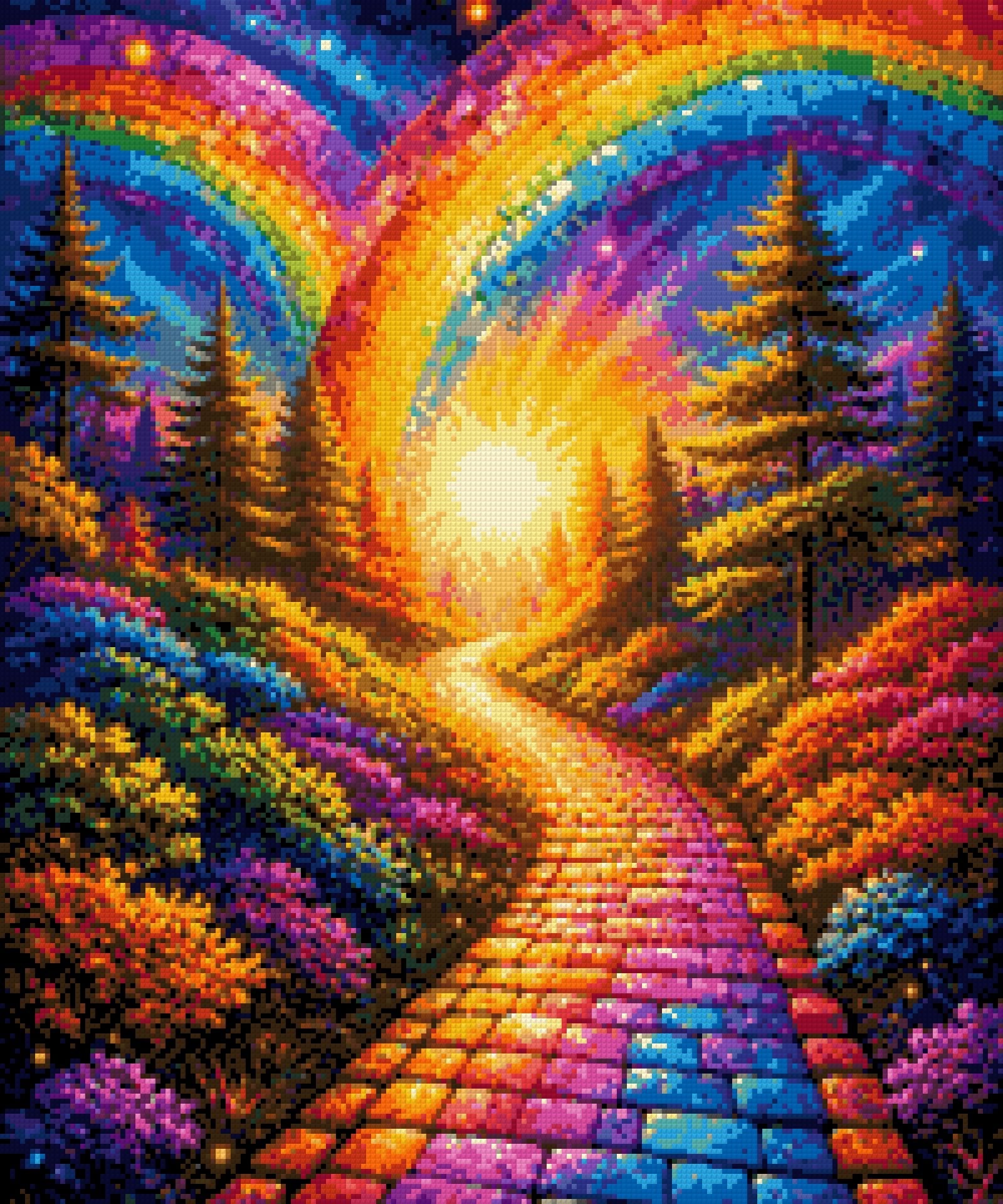 A colourful path under mosaic rainbows, surrounded by vibrant flowers and trees at sunset. Size - 50cm x 60cm