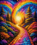 A colourful path under mosaic rainbows, surrounded by vibrant flowers and trees at sunset. Size - 50cm x 60cm