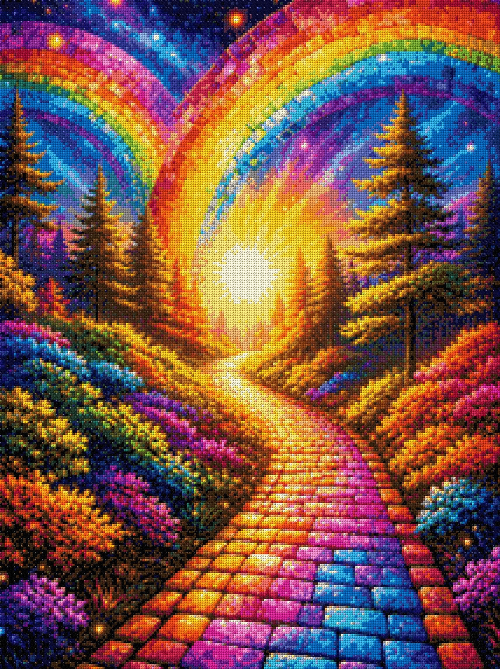A colourful path under mosaic rainbows, surrounded by vibrant flowers and trees at sunset. Size - 60cm x 80cm