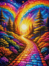 A colourful path under mosaic rainbows, surrounded by vibrant flowers and trees at sunset. Size - 60cm x 80cm