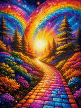 A colourful path under mosaic rainbows, surrounded by vibrant flowers and trees at sunset. Size - 60cm x 80cm