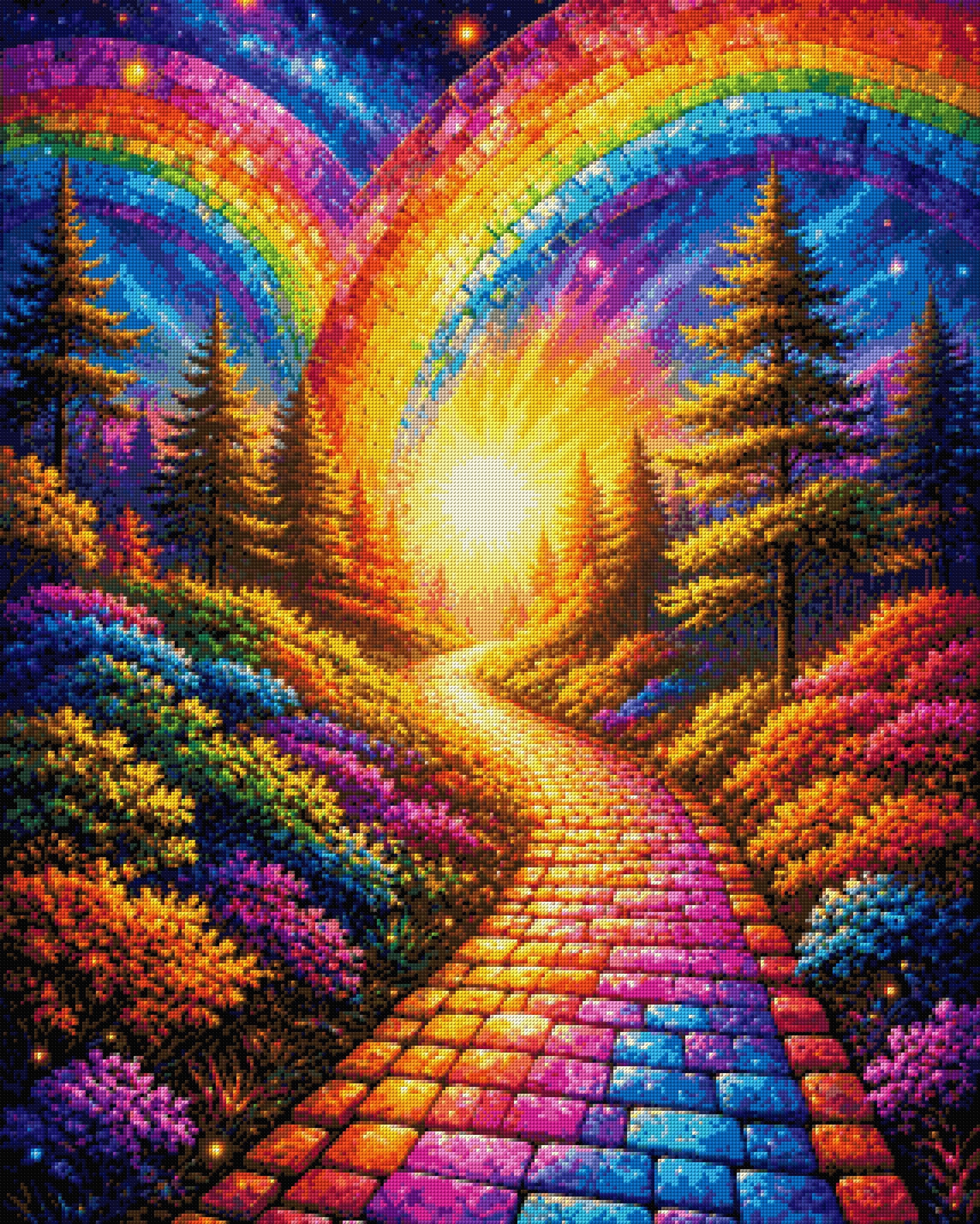 A colourful path under mosaic rainbows, surrounded by vibrant flowers and trees at sunset. Size - 80cm x 100cm