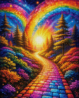 A colourful path under mosaic rainbows, surrounded by vibrant flowers and trees at sunset. Size - 80cm x 100cm