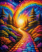 A colourful path under mosaic rainbows, surrounded by vibrant flowers and trees at sunset. Size - 80cm x 100cm