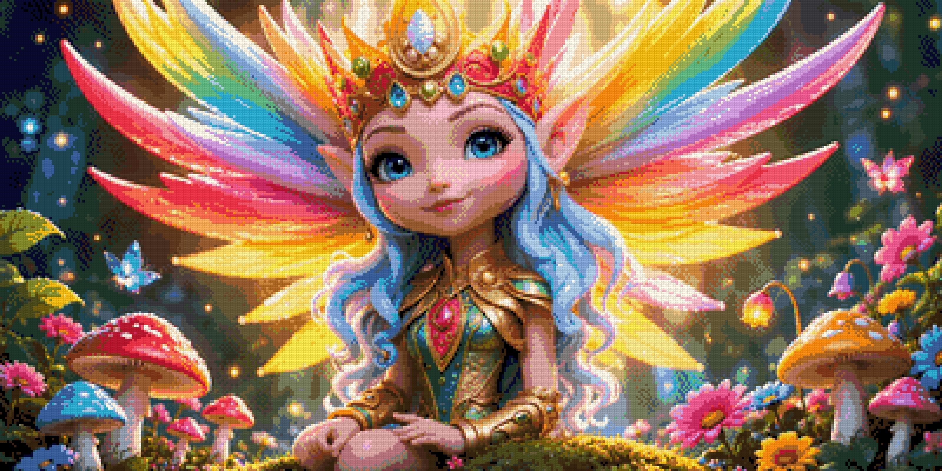 Fairy princess with rainbow wings and jeweled crown in a colourful forest. Size - 100cm x 50cm