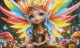 Fairy princess with rainbow wings and jeweled crown in a colourful forest. Size - 50cm x 30cm