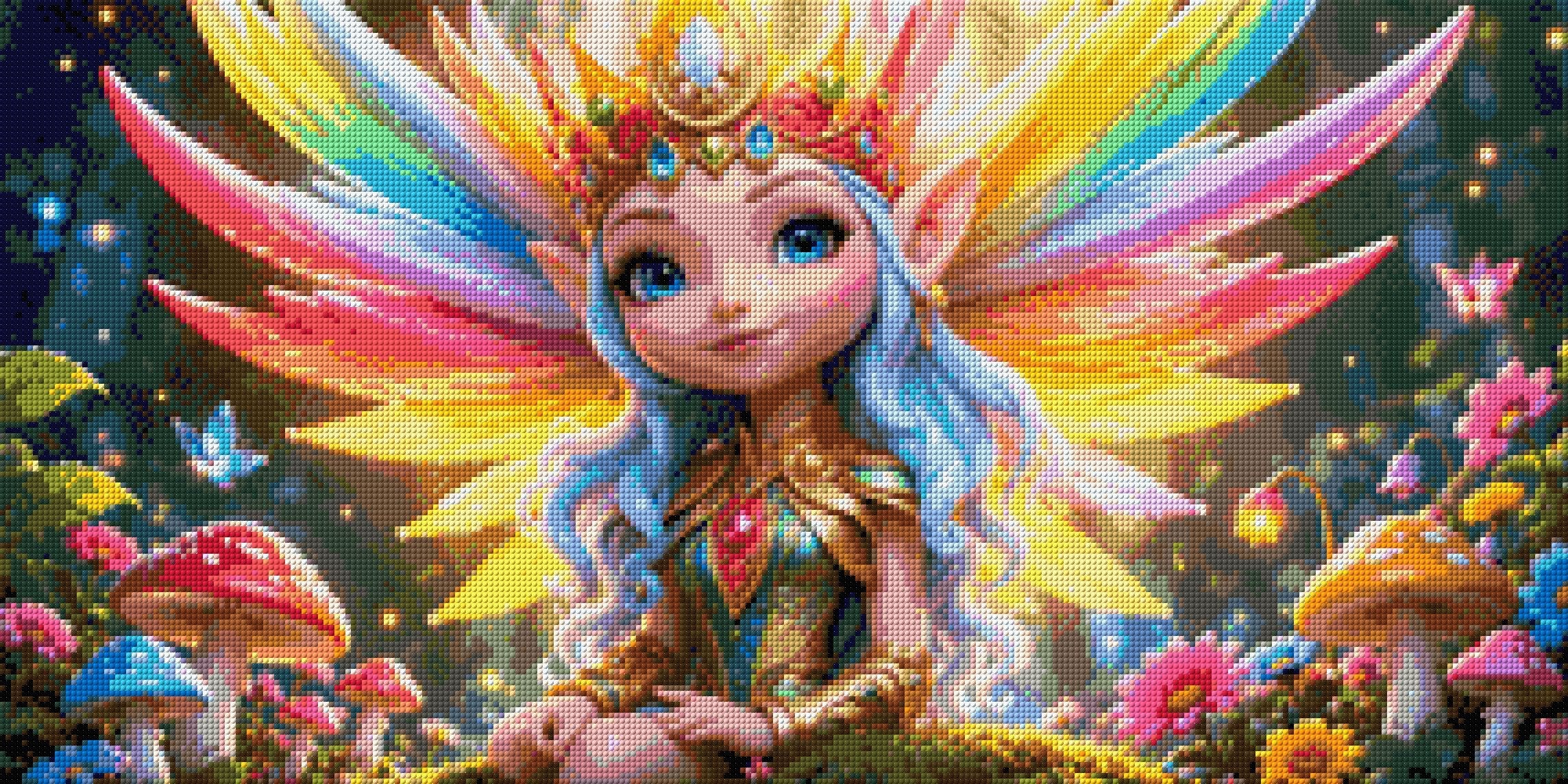 Fairy princess with rainbow wings and jeweled crown in a colourful forest. Size - 80cm x 40cm
