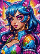 Character with blue hair and cat ears in a colourful cosmic setting. Size - 30cm x 40cm