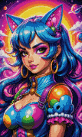Character with blue hair and cat ears in a colourful cosmic setting. Size - 30cm x 50cm