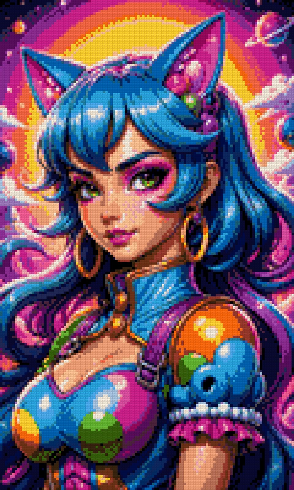 Character with blue hair and cat ears in a colourful cosmic setting. Size - 30cm x 50cm