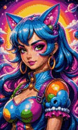Character with blue hair and cat ears in a colourful cosmic setting. Size - 30cm x 50cm